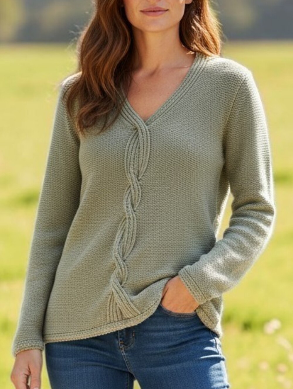 Sigrid Olsen Cable Knit Sweater Braided Front Sage Green Women's Size S